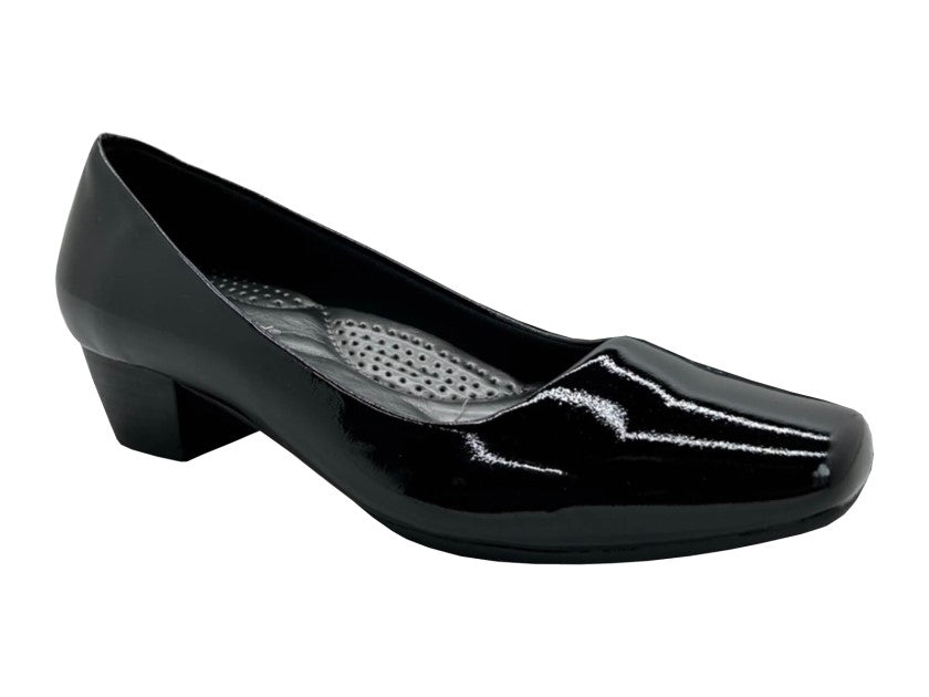 Women’s Black Patent PU Low Heel Court Shoes