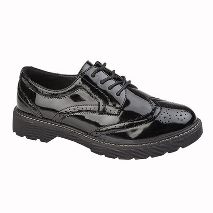 Women’s Black Patent PU 4 Eye Lace Brogue Shoes