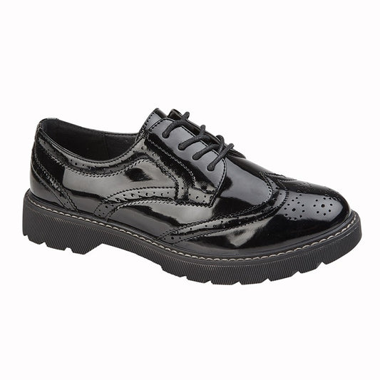 Women’s Black Patent PU 4 Eye Lace Brogue Shoes