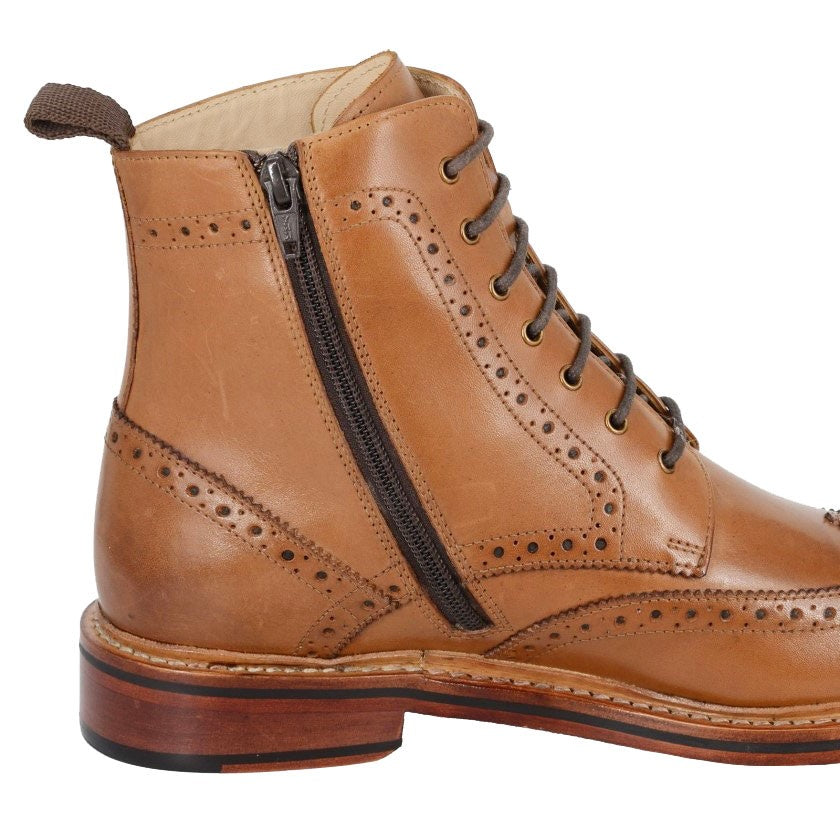 Men’s Tan Leather Brogue Zip Ankle Boots
